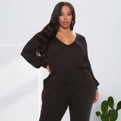 Women's V Neck Back Cutout Long Sleeve Casual Waist Jumpsuit