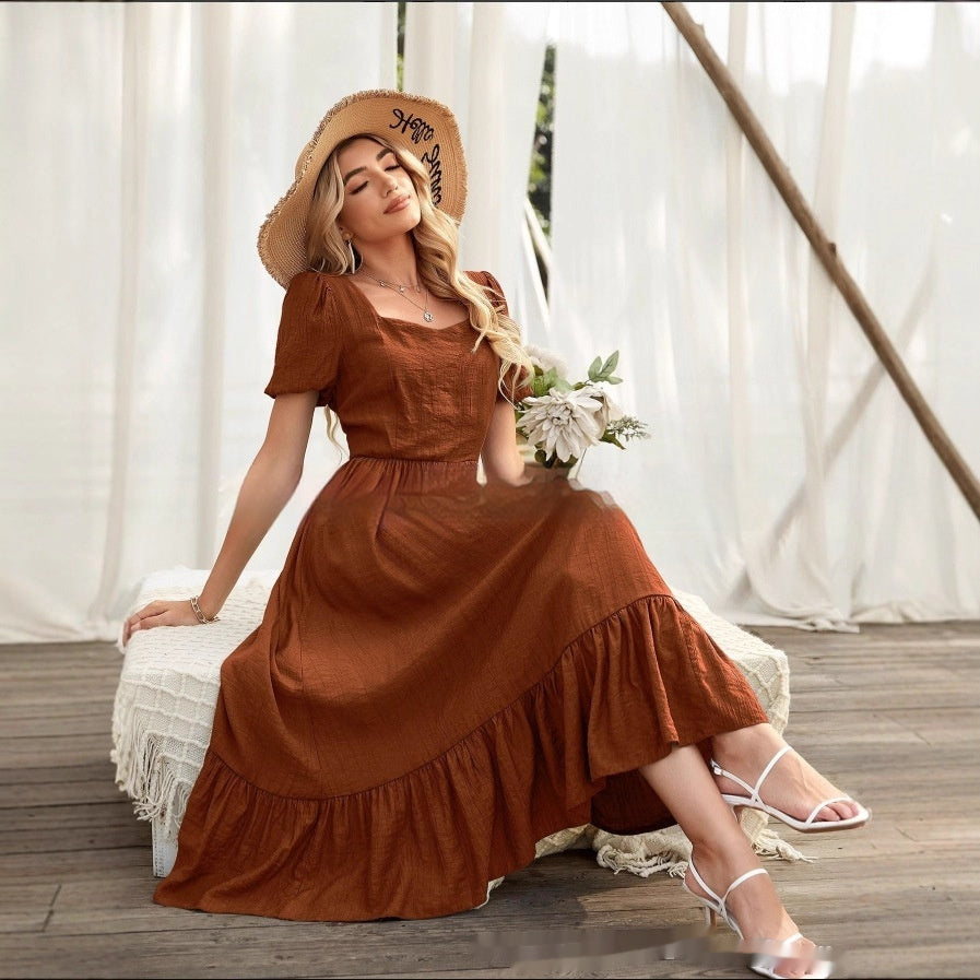 Women's Clothing Round-neck High Waist Solid Color Casual Patchwork Long Dress Women