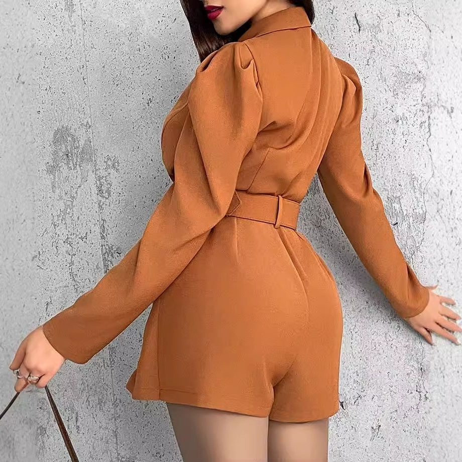 Women's European And American Princess Sleeves With Belt Jumpsuit