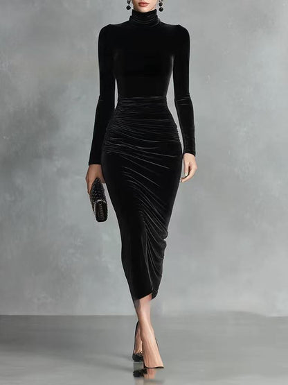 Black Velvet Sexy Half Turtleneck Dress Women