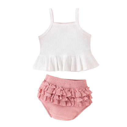 Girls' Fashion Solid Color Suspender Top Triangle Bottom-covering Shorts Two-piece Set