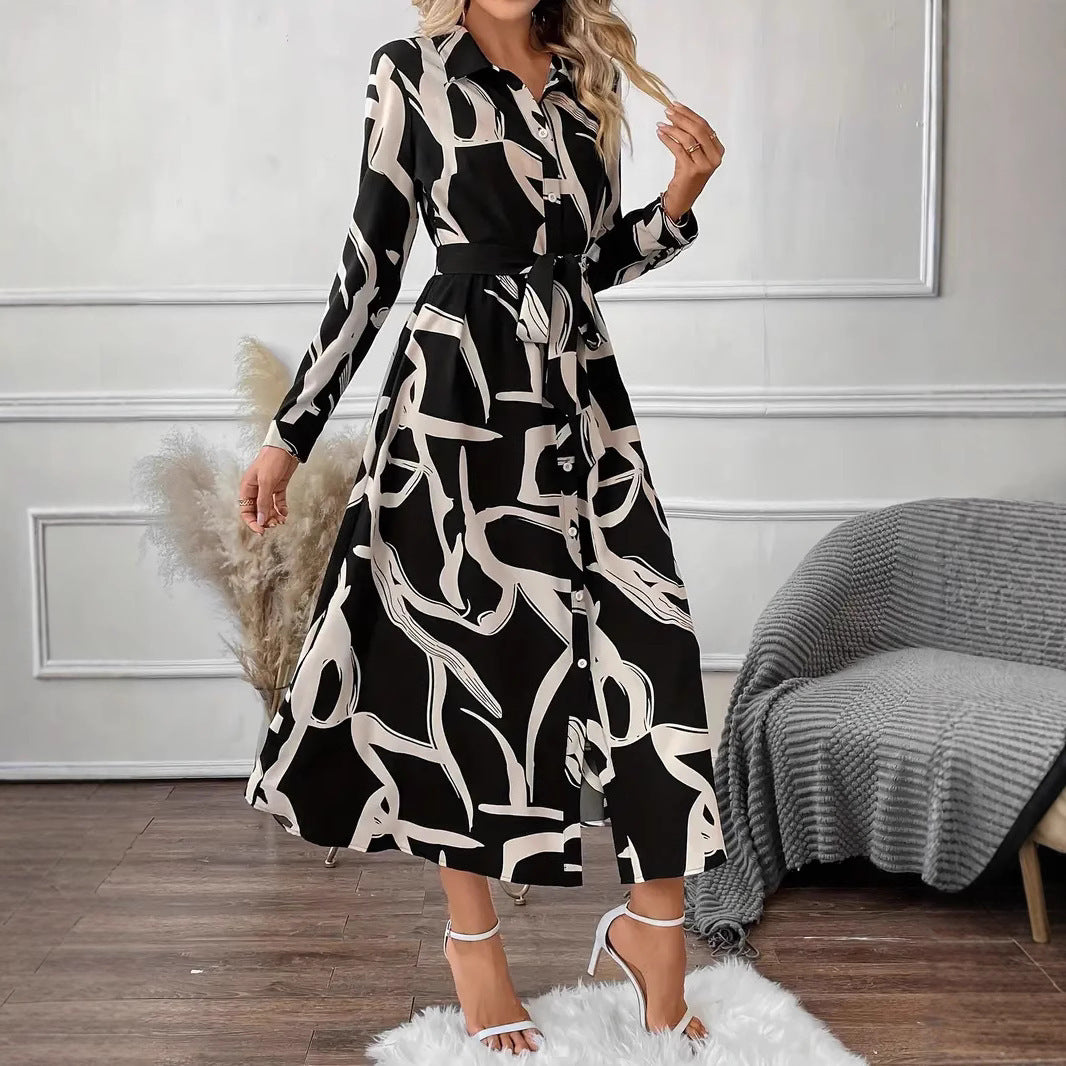 New Elegant Graceful Fashion Polo Collar Printed Long Shirt Dress Women