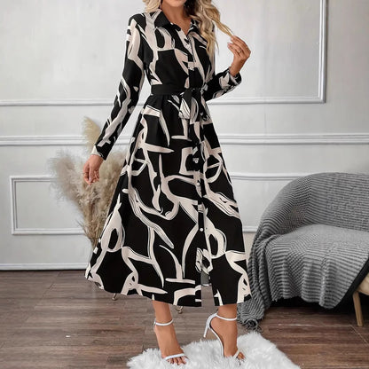 New Elegant Graceful Fashion Polo Collar Printed Long Shirt Dress Women