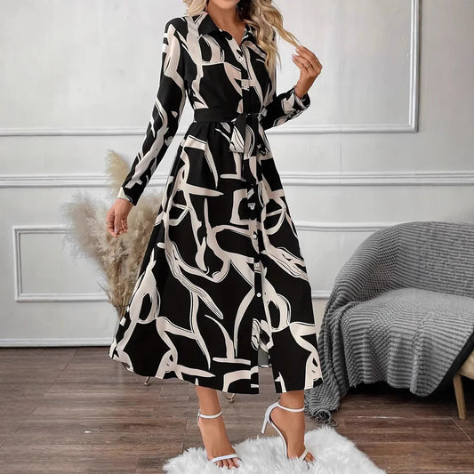 New Elegant Graceful Fashion Polo Collar Printed Long Shirt Dress Women