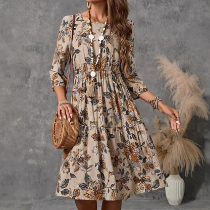 Fashion Round Neck Women's Cotton Linen Printed Dress