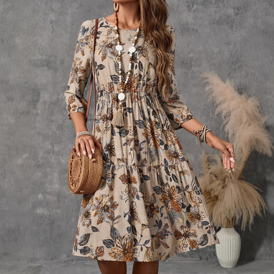 Fashion Round Neck Women's Cotton Linen Printed Dress