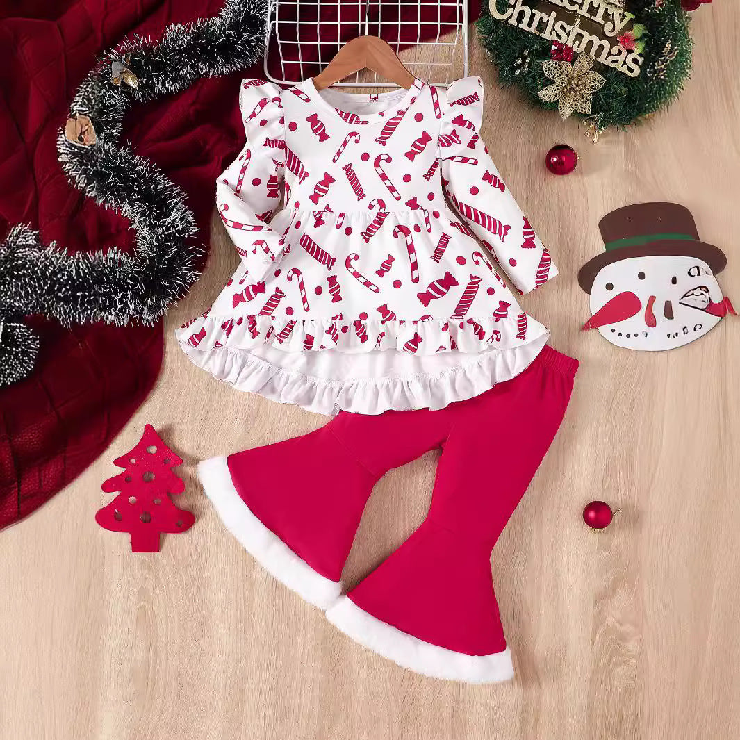 Christmas Candy Plush Bell-bottom Pants Suit