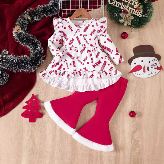 Christmas Candy Plush Bell-bottom Pants Suit