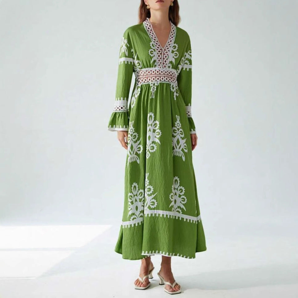 Fall V-neck Stitching Lace Women's Long-sleeved Dress