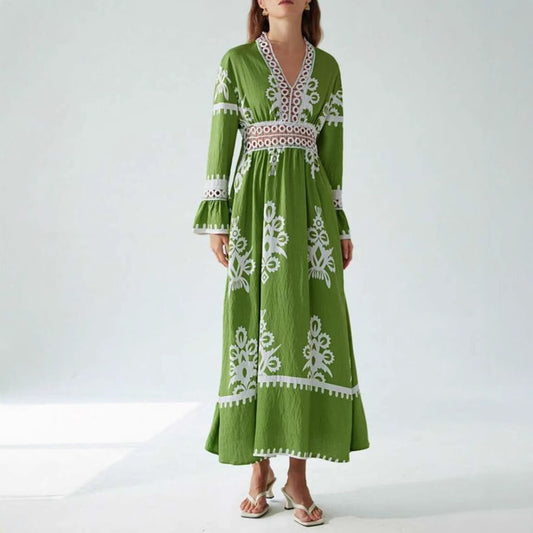 Fall V-neck Stitching Lace Women's Long-sleeved Dress