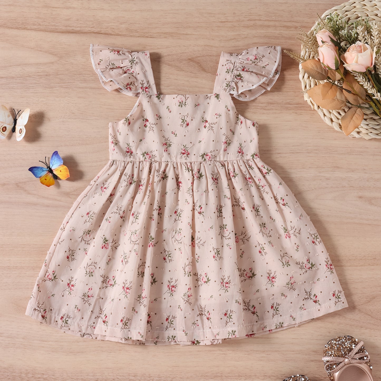 Children's Tricolor Floral Fly Sleeve Slip Dress