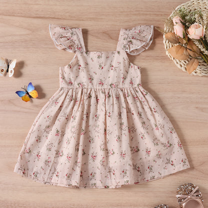 Children's Tricolor Floral Fly Sleeve Slip Dress