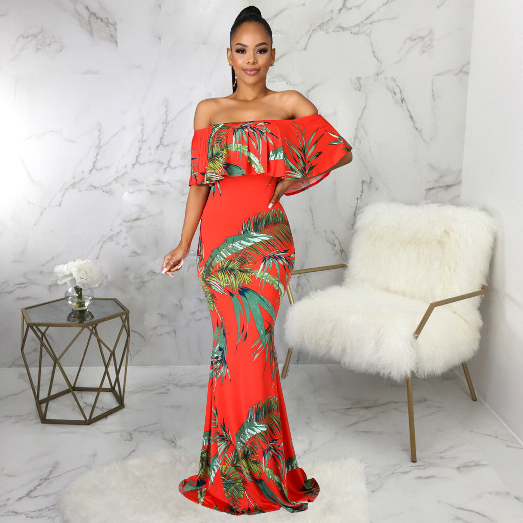 Fashion Digital Printing Off-neck Tube Top Dress