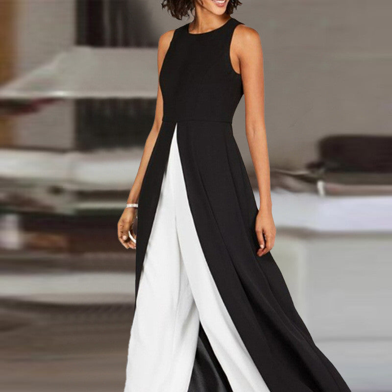 Women's Fashion Color Contrast Black Round Neck Sleeveless Jumpsuit