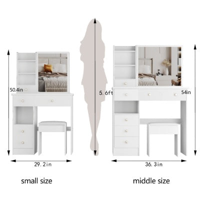 29.2 Small Space Left Drawer Desktop Vanity Table  Cushioned Stool, Extra Large Right Sliding Mirror, Multi Layer High Capacity Storage, Practical Fashionable Dresser, Suitable For Small Space