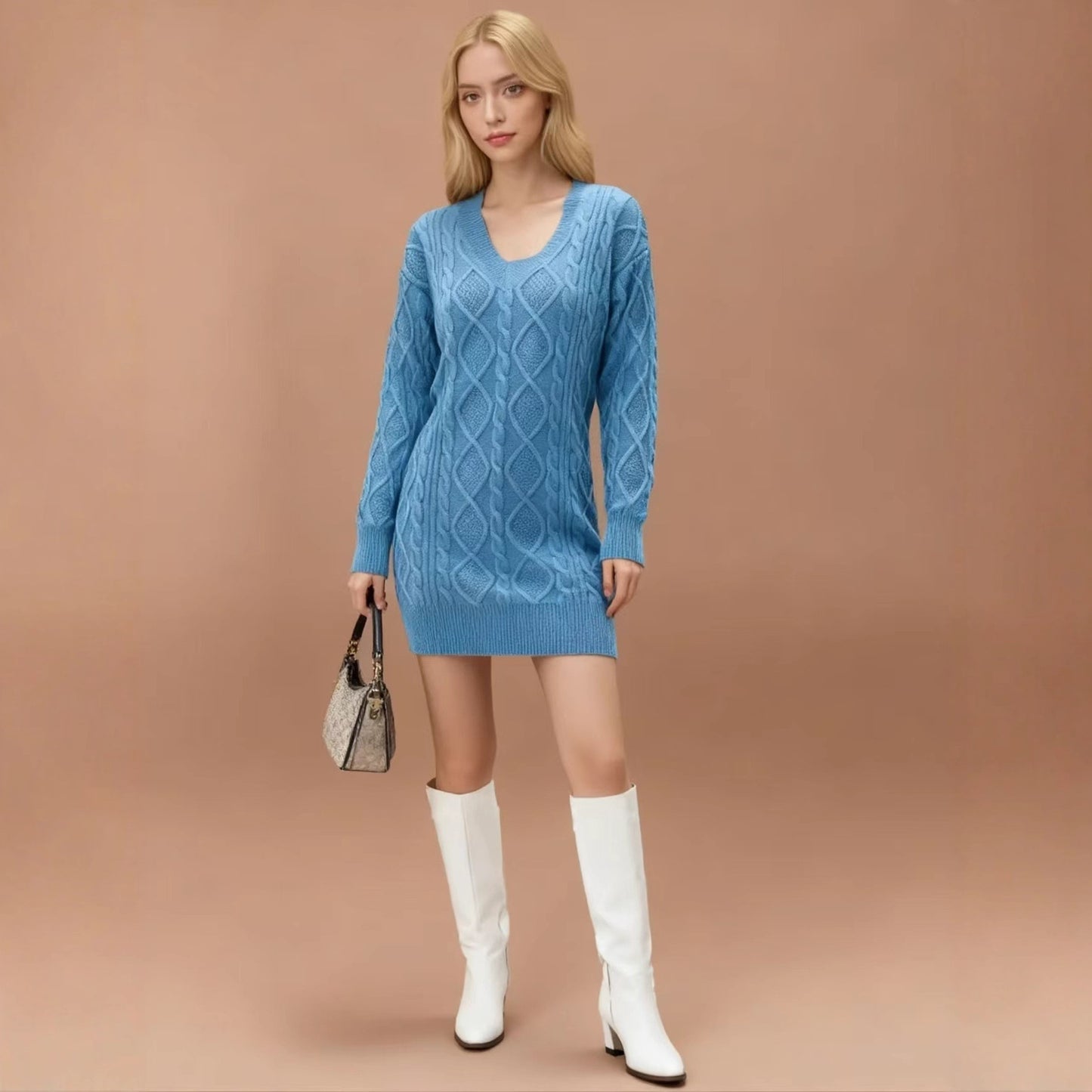 Mid-length Sweater V-neck Knitted Casual Twist Dress