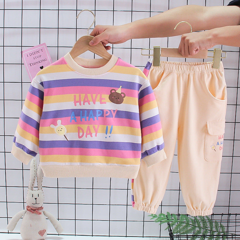 Baby Color Stripes Cartoon Bear Long Sleeve Two-piece Set