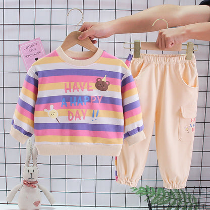 Baby Color Stripes Cartoon Bear Long Sleeve Two-piece Set