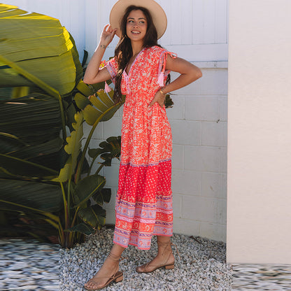 Women's High Waist A- Line Floral Printed V-neck Dress