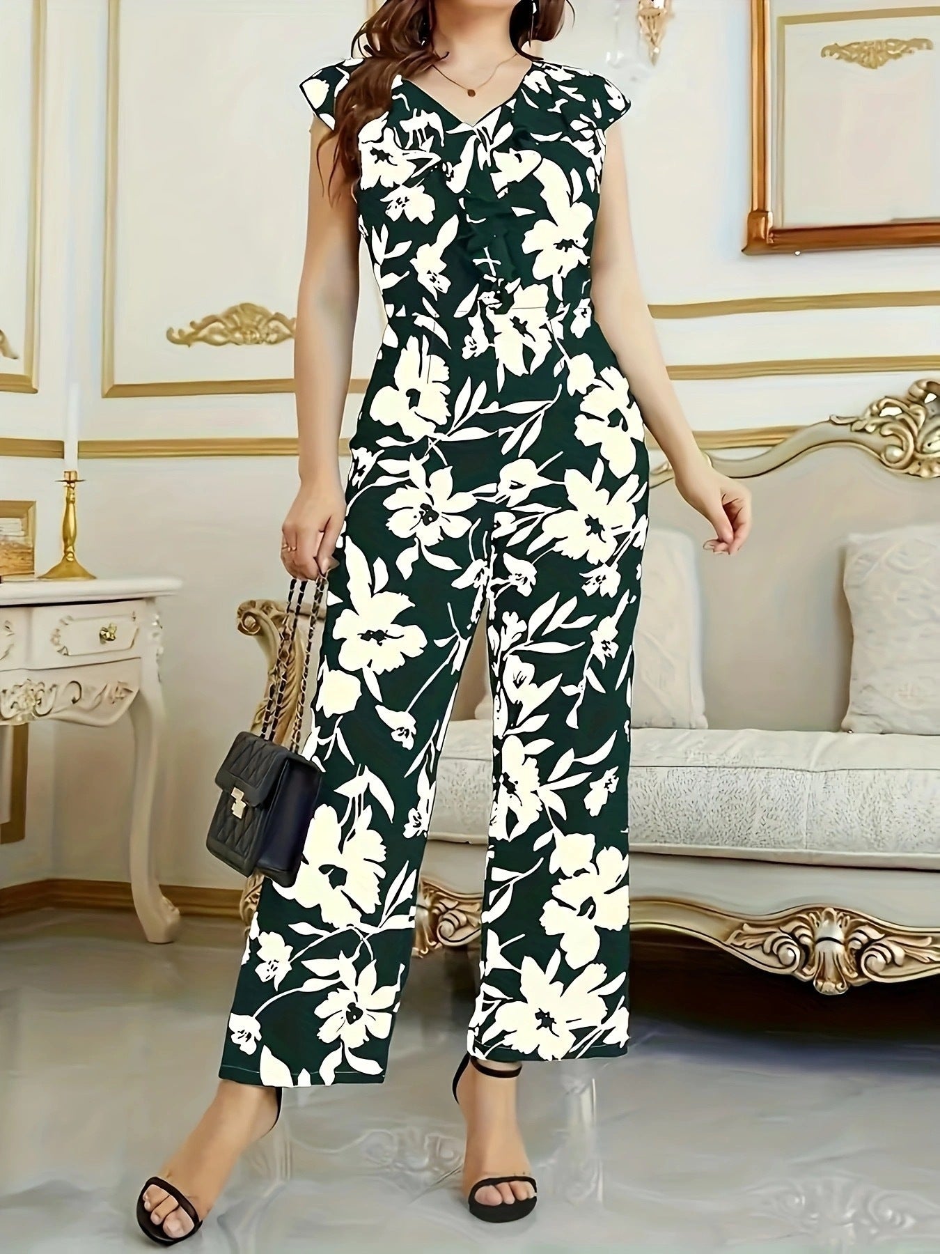 Fashion Floral Women's Printed Wear Sleeveless V-neck Pocket Jumpsuit