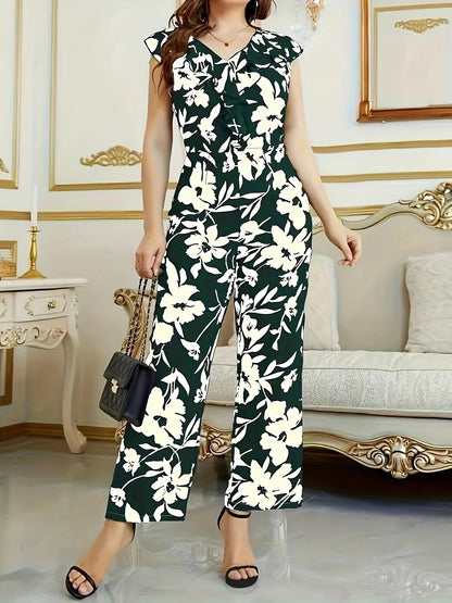 Fashion Floral Women's Printed Wear Sleeveless V-neck Pocket Jumpsuit
