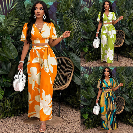 Women's Wear Tropical Printing Pleated Butterfly Sleeve Top Drawstring Wide Leg Trousers Suit