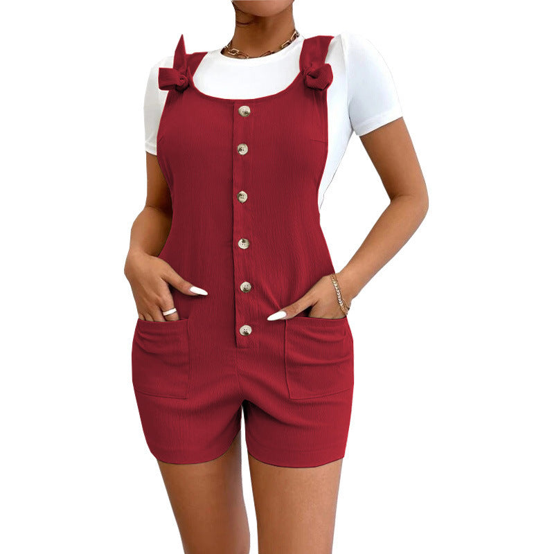 Women's Solid Color Strap Button Pocket Jumpsuit