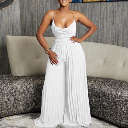 Women's Chain On Neck High Waist Pleated Wide-leg Jumpsuit