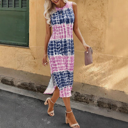 European And American Tie-dye Printed Slit Hemline At Hem Sleeveless Dress