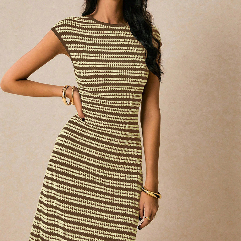 Striped Knitted Dress Slim Fit Slimming Elegance Sleeveless