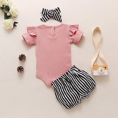 Ins Girls Small Flying Sleeve Shorts Three-piece Set