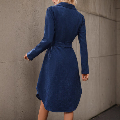 Front Button Belted Irregular Long Sleeve Corduroy Dress