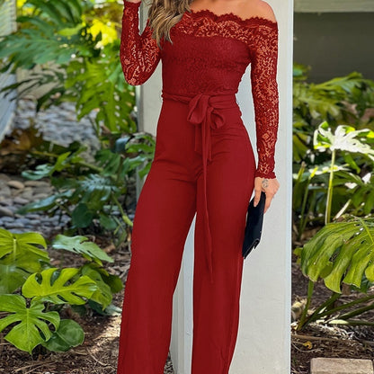 Black Eyelash Lace Off-shoulder Long Sleeve Tight Jumpsuit