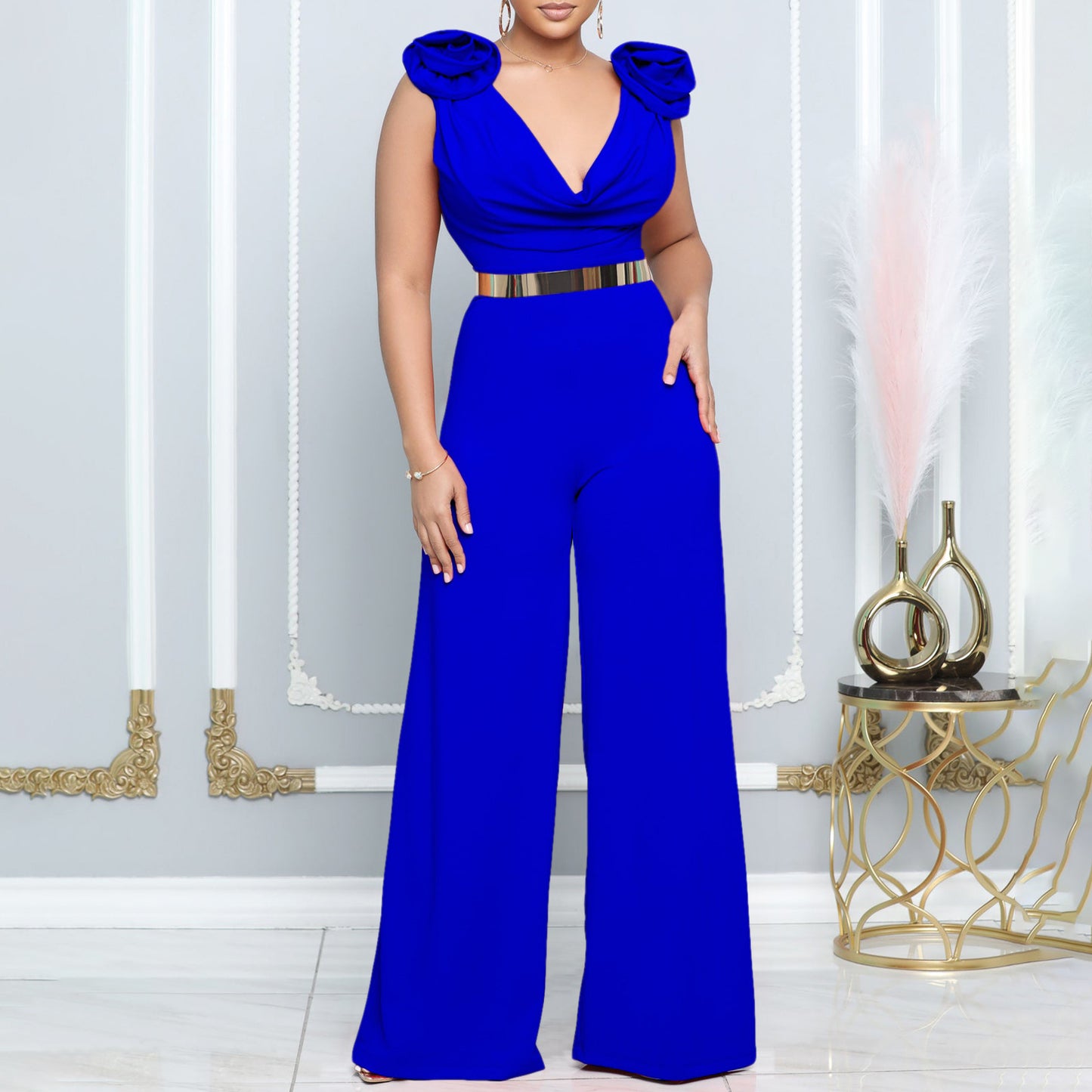 New Fashion V-neck Solid Color Turtleneck Sleeveless Fitted Waist Jumpsuit