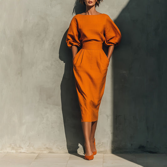 Women's A-line Bubble Sleeve High Waist Gathered Dress