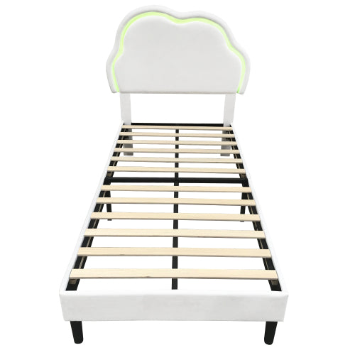 3ft Single Upholstered Bed With LED Adjustable Cute Cloud Headboard, Soft Velvet Bed Frame With Solid Wood Slat, No Box Spring Needed, Easy Assembly, Cream White No Mattress