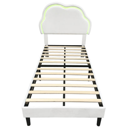 3ft Single Upholstered Bed With LED Adjustable Cute Cloud Headboard, Soft Velvet Bed Frame With Solid Wood Slat, No Box Spring Needed, Easy Assembly, Cream White No Mattress