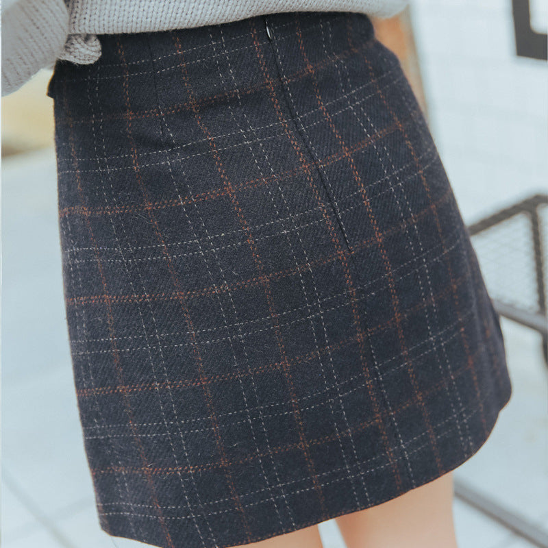 Autumn and winter thickening bag hip hair plaid skirt retro skirt Korean version of the high waist A word skirt