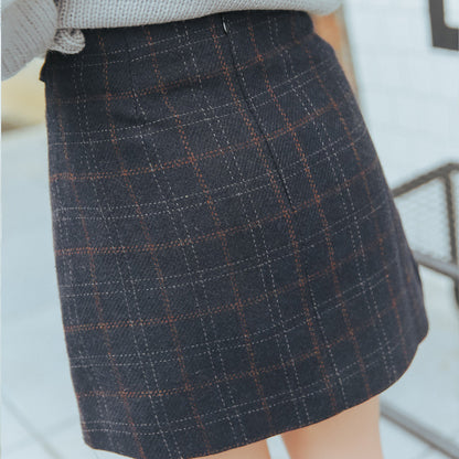 Autumn and winter thickening bag hip hair plaid skirt retro skirt Korean version of the high waist A word skirt