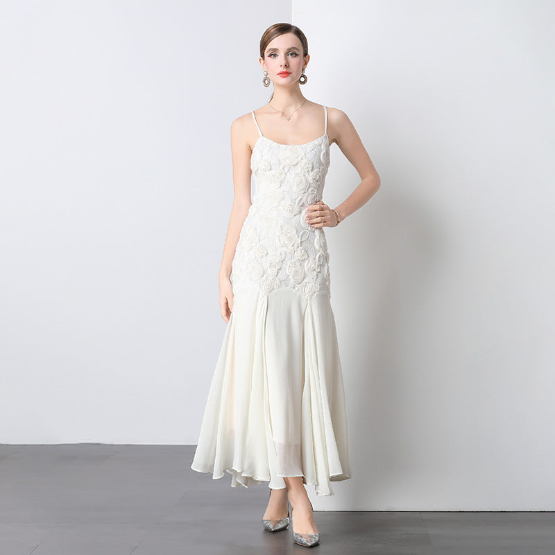 French Style Machine Embroidery Rose Flower Sling Dress