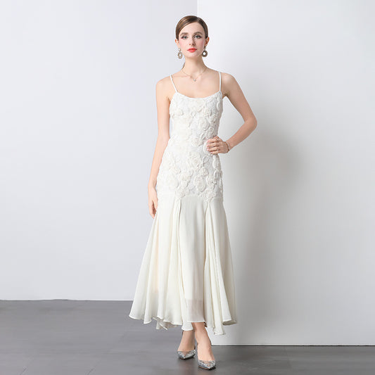 French Style Machine Embroidery Rose Flower Sling Dress