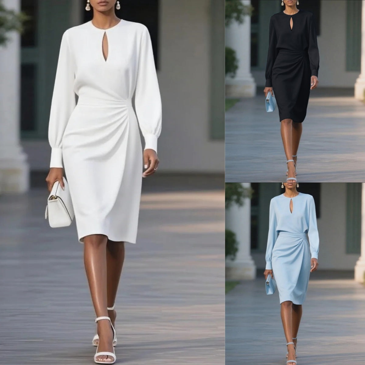 Temperament Pure Color Pleated Waist Tight Round Neck Hollow Dress