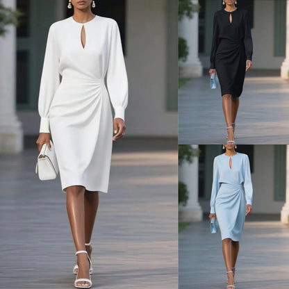 Temperament Pure Color Pleated Waist Tight Round Neck Hollow Dress