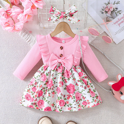 Girls' Striped Printed Bow Dress Suit