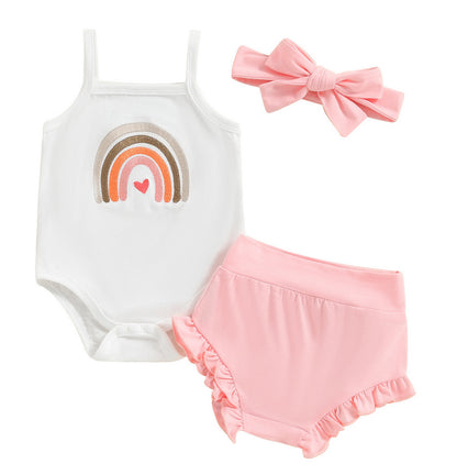 Baby Girl Chilren Waistcoat Sunken Stripe Letter Print Top Printed Shorts Triangle Rompers