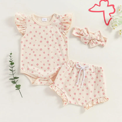 Boys And Girls Fashion Floral Flying Sleeves Romper Suit