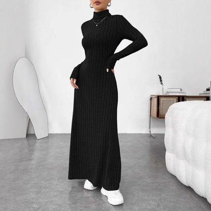 Women's Slim Fit Turtleneck Rib Fabric Brushed Long Sleeve Dress