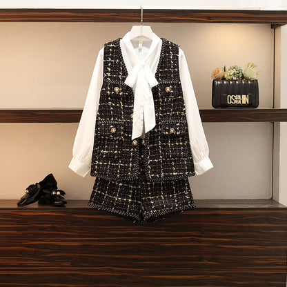 Autumn And Winter New Fat Sister Western Style Is Thin And Small Fragrance Vest Shirt Shorts Three-piece Suit