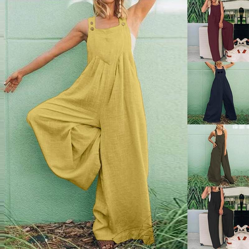 Cotton And Linen Solid Color Suspenders Long Wide-leg Jumpsuit