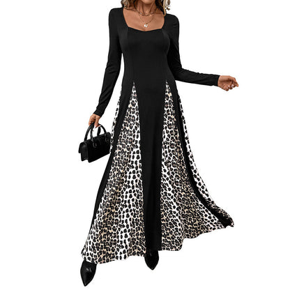 Elegant Retro Style Square Collar Long Sleeve Leopard Splicing Dress